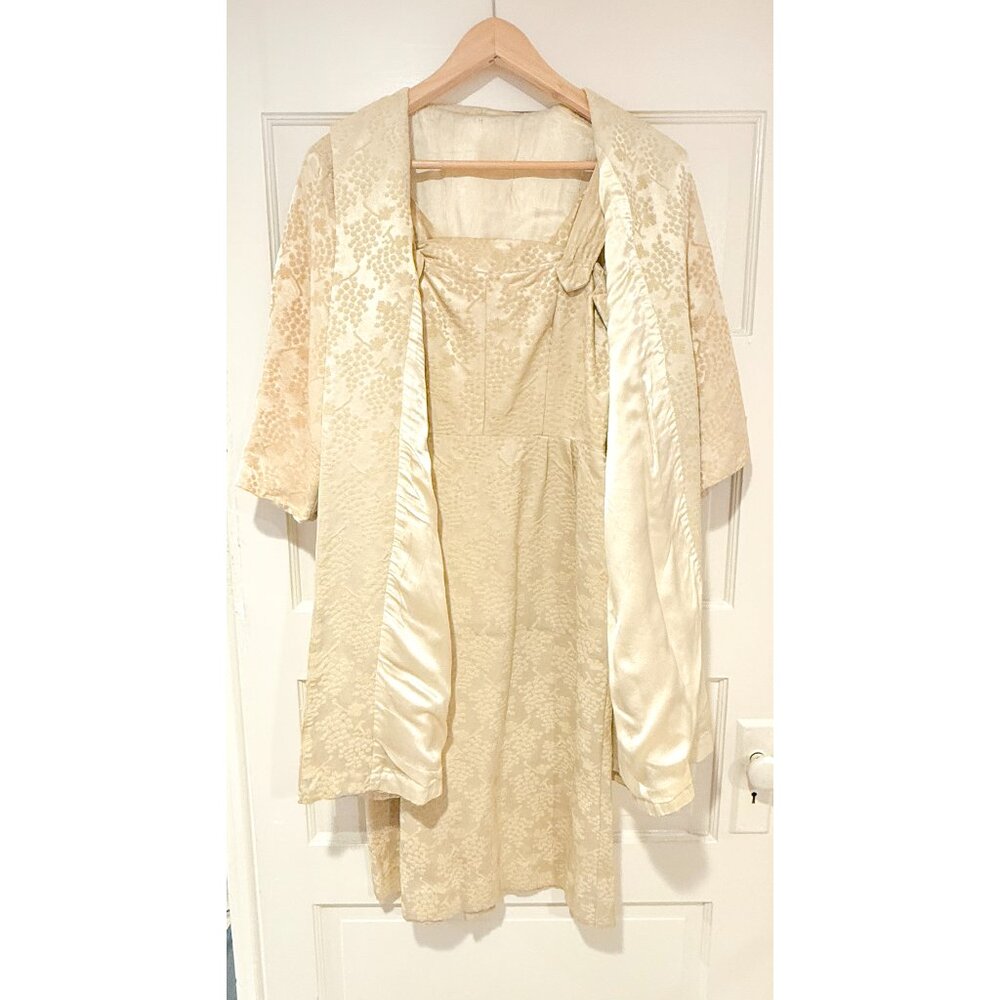 Vintage 1950's Light Yellow Handmade Brocade Grape Print Dress and Jacket Set
